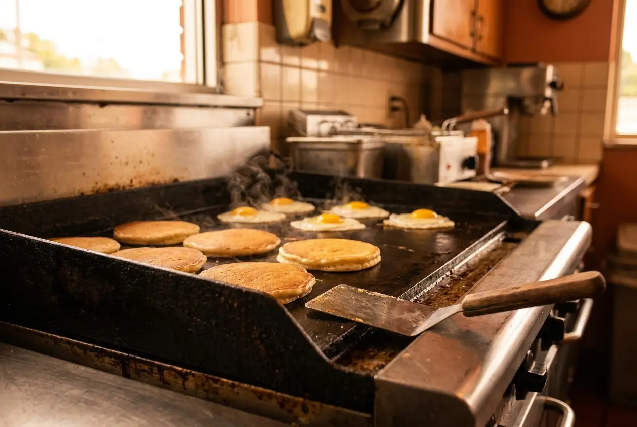 Pancakes and eggs cooking on a well-seasoned diner griddle