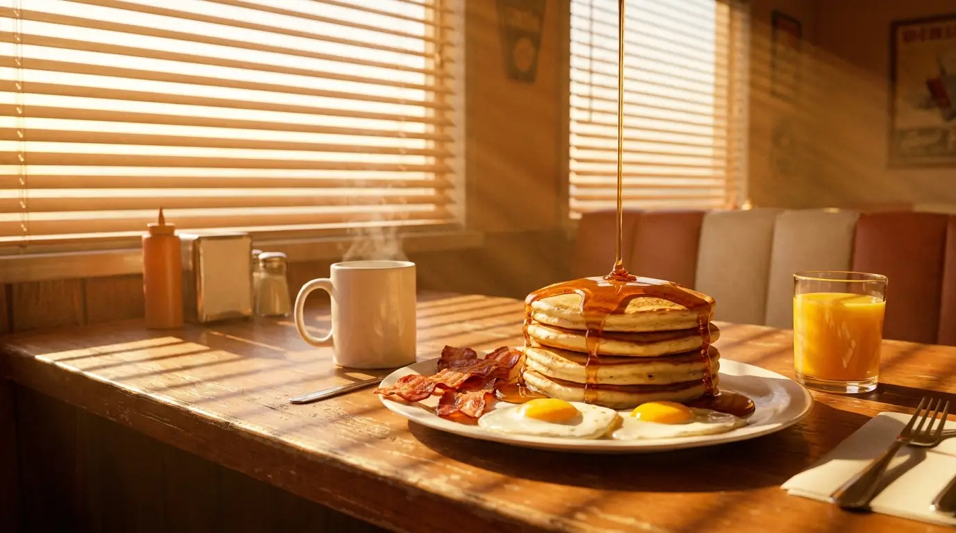 Golden-hour breakfast spread of pancakes, bacon, eggs and coffee on a warm diner table