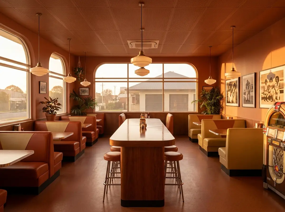 Warm, sunlit interior of a cozy retro diner with booths and a community high-top table