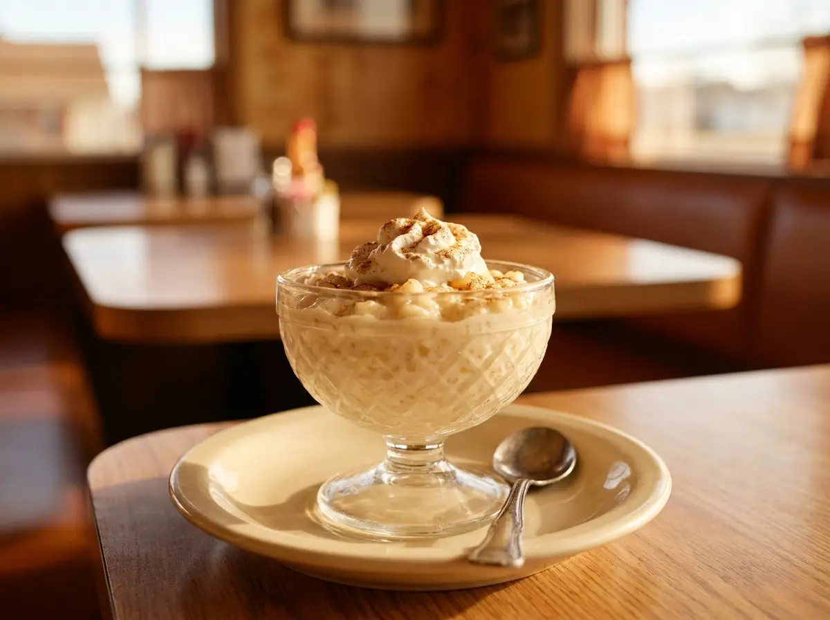 Homemade rice pudding topped with whipped cream and cinnamon